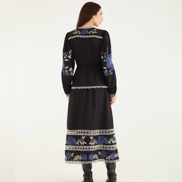 Farm Rio: Black Bold Flowers Long Sleeve Midi Dress - Picture 2 of 16